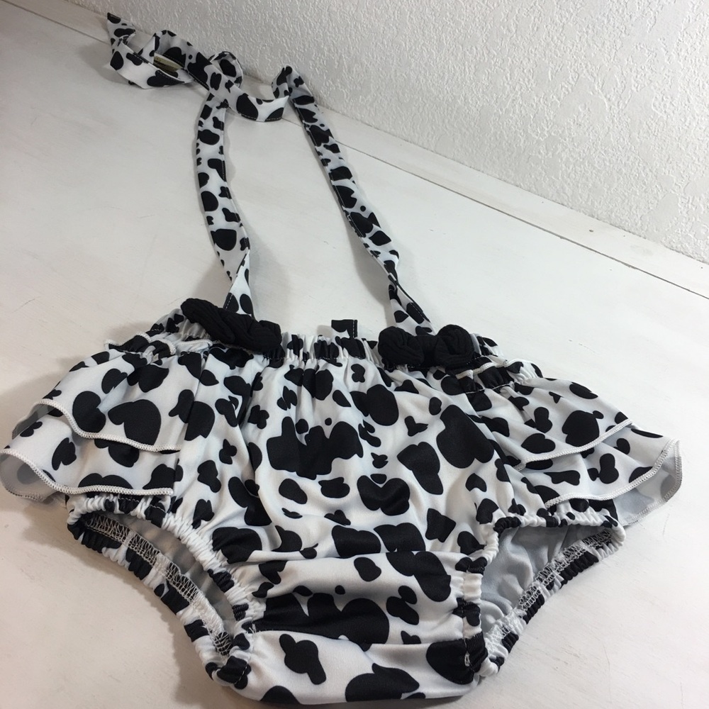 Homemade Toddler Short Overalls Cow Print Black and White 12-18 months